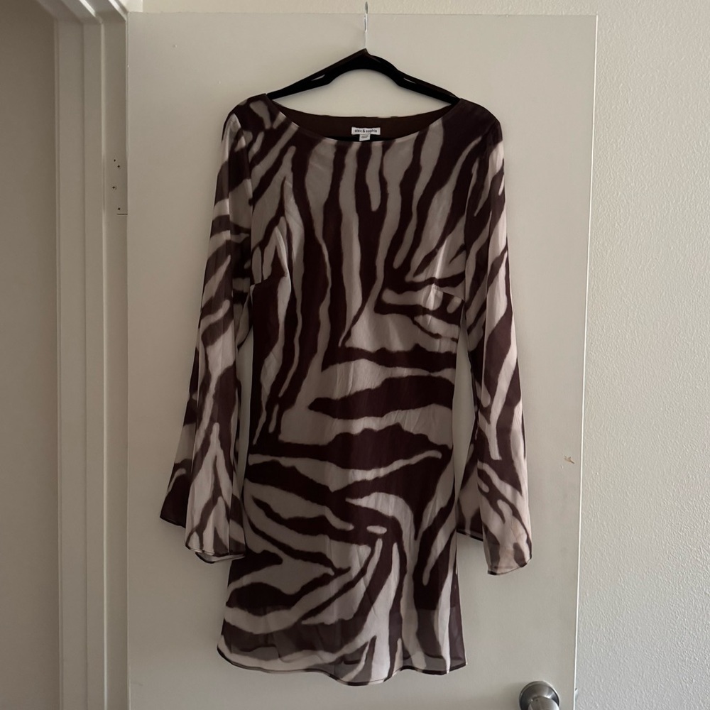Alex & Sophia Zebra Print Long Sleeve Mesh Mini Dress in Brown | NWOT - Picture 2 of 14